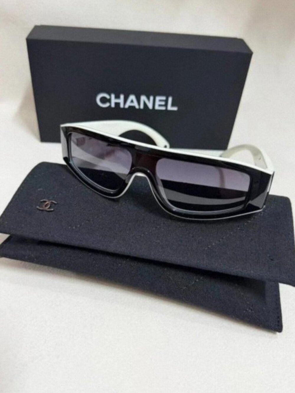 CHANEL Black & White Rectangle Sunglasses – with Original Case